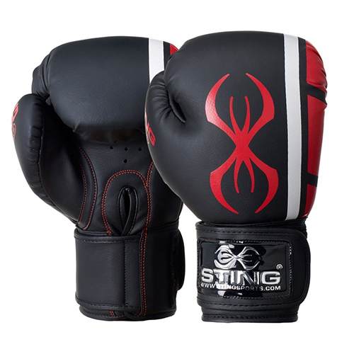 Black boxing gloves with red stylised spider legs stinger logo