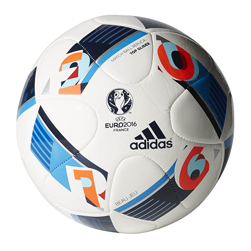 White Adidas soccer ball with black, red and blue geometric details